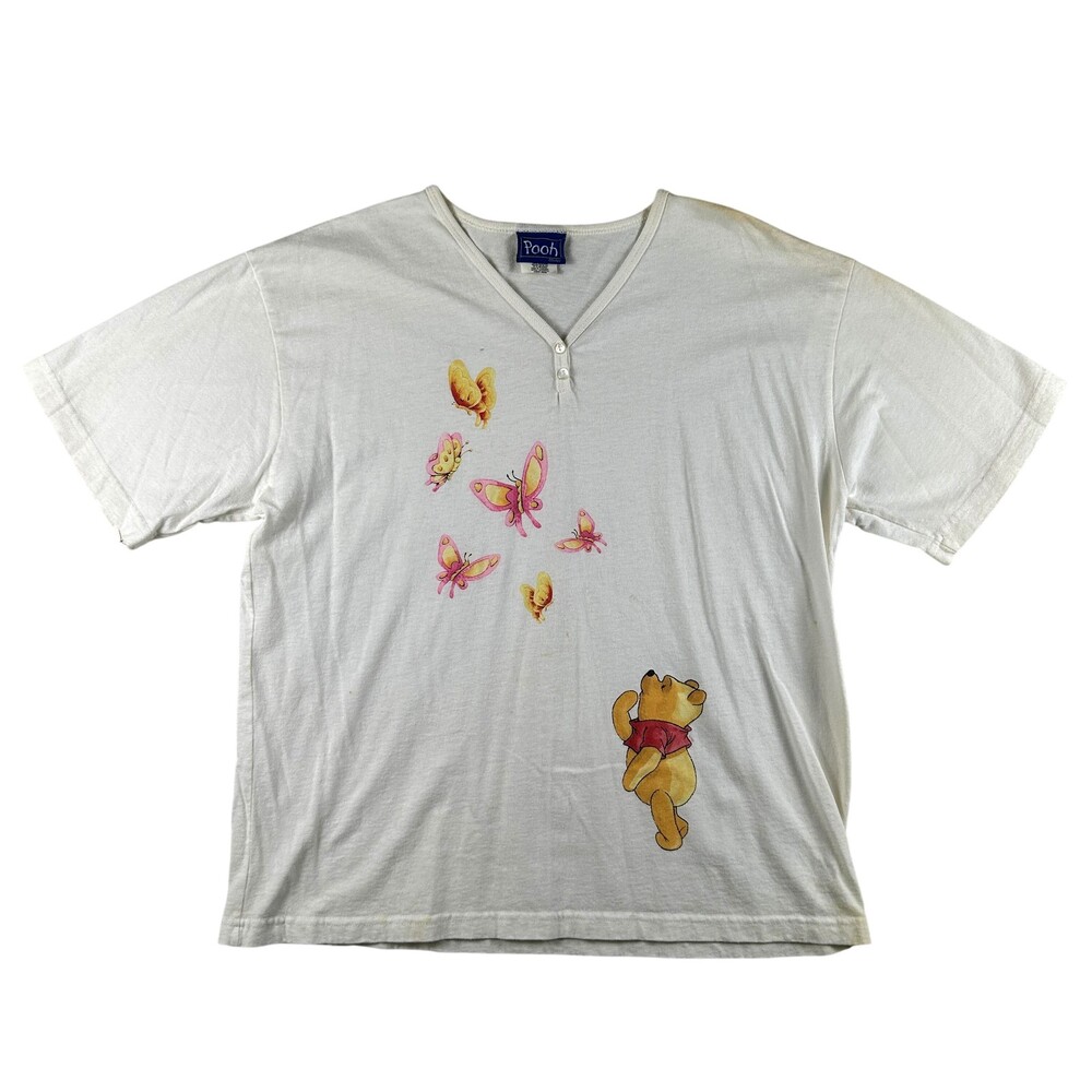 Vintage Pooh Shirt Womens Large White Winnie The Pooh Butterfly Henley USA 90s